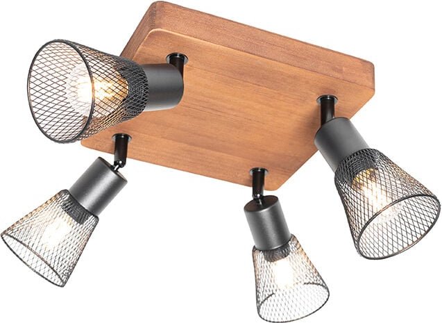 Industrie-Spot schwarz mit Holz 4-flammig - Kristina