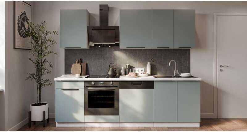 Küche ARIA K-WH Basic 250 cm Anti Fingerprint Küchenzeile Küchenblock Singleküche EinbaukücheAQUAMARINE - AFM