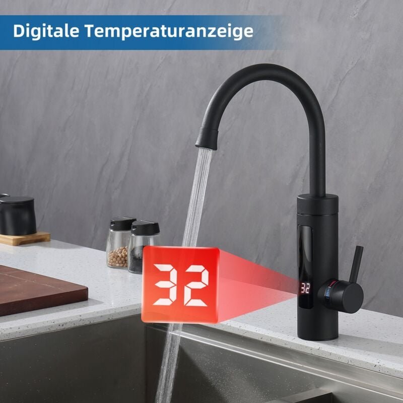 Elektrische Küchenarmatur mit Durchlauferhitzer, Smart Heater Wasserhahn 360° drehbar, Schwarz Wasserhahn Küche mit LED ...