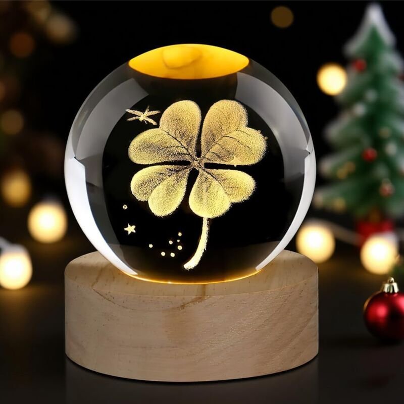 3D-Kristallkugel-Nachtlicht – 60 mm – Nachtlampe – Mondlampe – Vierblättriges Kleeblatt – 3D-Dekoration – Geschenk für M...