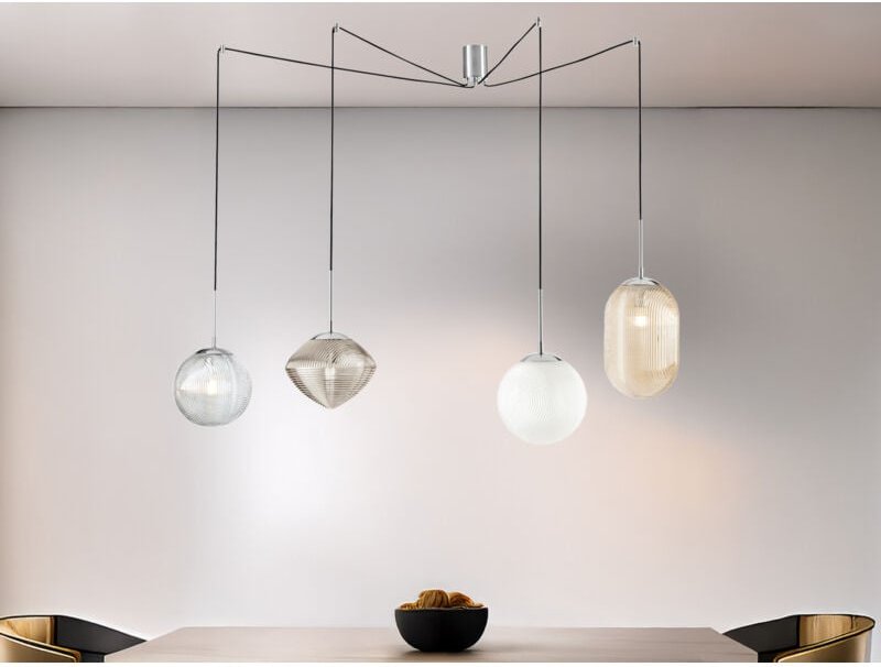 Fan Europe - Pendelleuchte greenwich mit 4 Relief Glas Lampenschirmen, Höhe 166cm