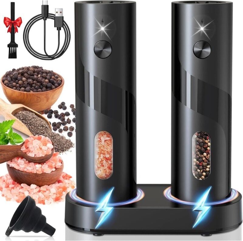 Elektrisches Pfeffermühlen-Set, 2er-Pack elektrische Salz- und Pfeffermühlen, automatische elektrische Salz- und Pfeffer...