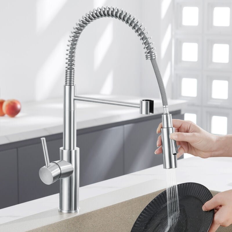 Cecipa Max - cecip Feder Hochdruck Küchenarmatur Um 360° drehbarer Spültischhahn Kommt mit 2 Strahlarten Gebürstete Farb...