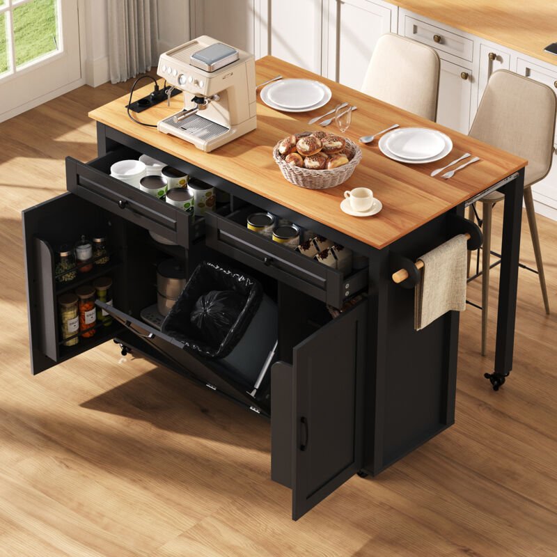 Ausziehbare mobile Kücheninsel mit Ladestation, Holz, 120 x 40–75 x 92 cm, schwarz