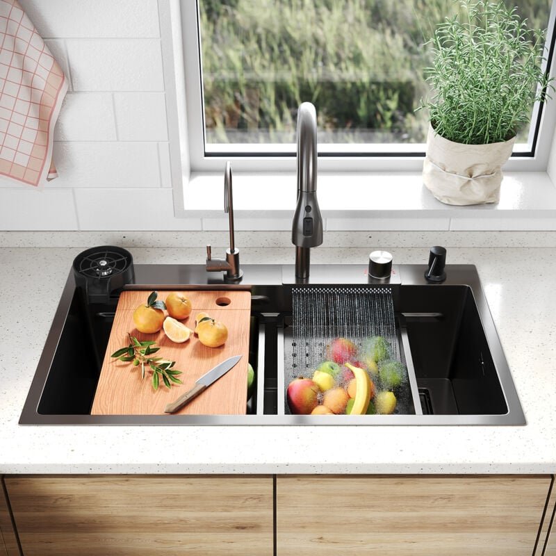 Küchenspüle Edelstahl Einbauspüle 80x45cm Einzelbecken Multifunktions mit 360°Ausziehbarer Wasserhahn Seifenspender und ...