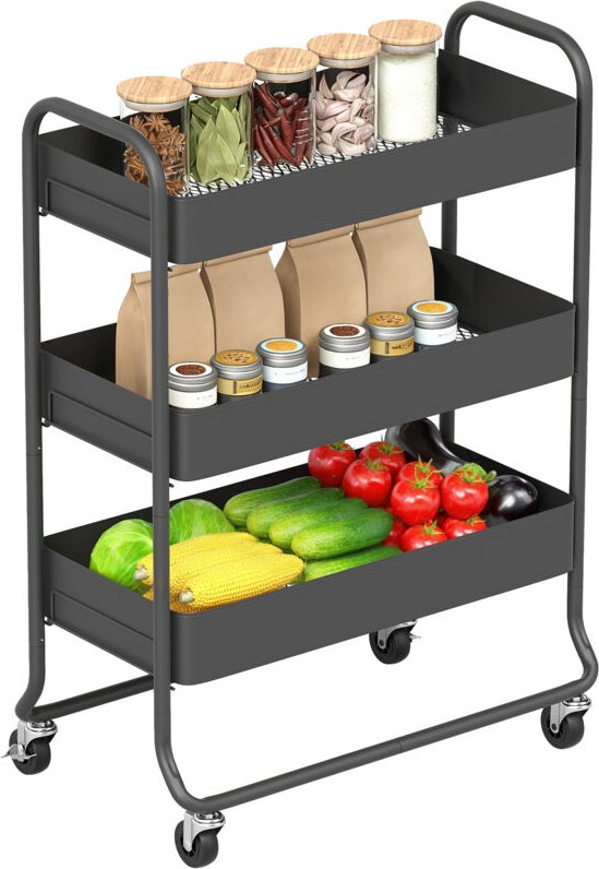 Küchenwagen, 3 Körbe, 4 Rollen, Metall, Schwarz