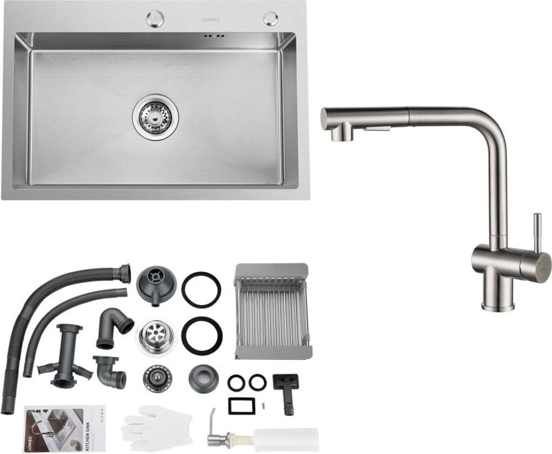 Lonheo Edelstahl Küchenspüle + Hochdruck Ausziehbare Küchenarmatur, 68 x 45 cm Einbauspüle, große Küchenspüle, inkl. Sei...