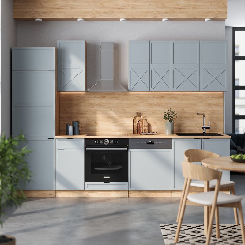 Küchenzeile Fame-Line, Hellblau-grau/Goldkraft Eiche, 300 cm , AP Marmor, Vicco