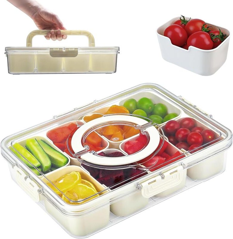 Snackbox mit 8 Fächern – Snacktablett mit Deckel und Griff – Ideal für Süßigkeiten, Obst, Nüsse und Kekse – Für Zuhause,...