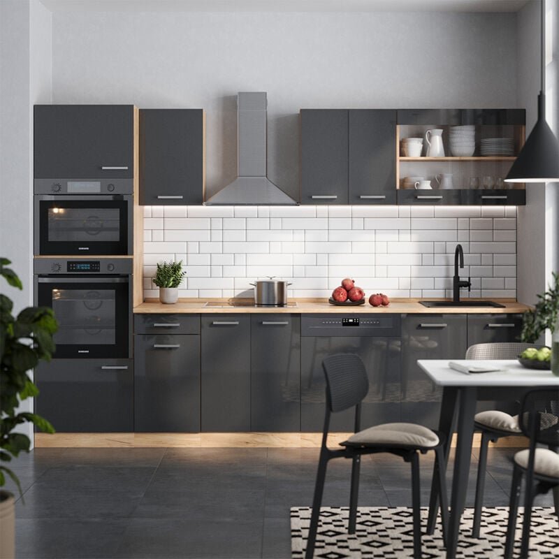 Vicco - Küchenzeile R-Line, Anthrazit Hochglanz/Goldkraft Eiche, 300 cm mit Hochschrank, ohne Arbeitsplatte