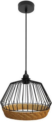 Hugo Schwarz/Natur Metall und Rattan Pendelleuchte 1xE27 (3772xØ25x25cm)