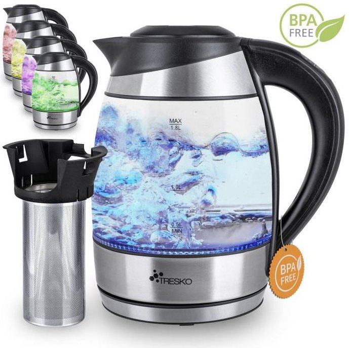 1,8L Edelstahl Wasserkocher 2200W Glaswasserkocher Warmhaltefunktion - Tresko