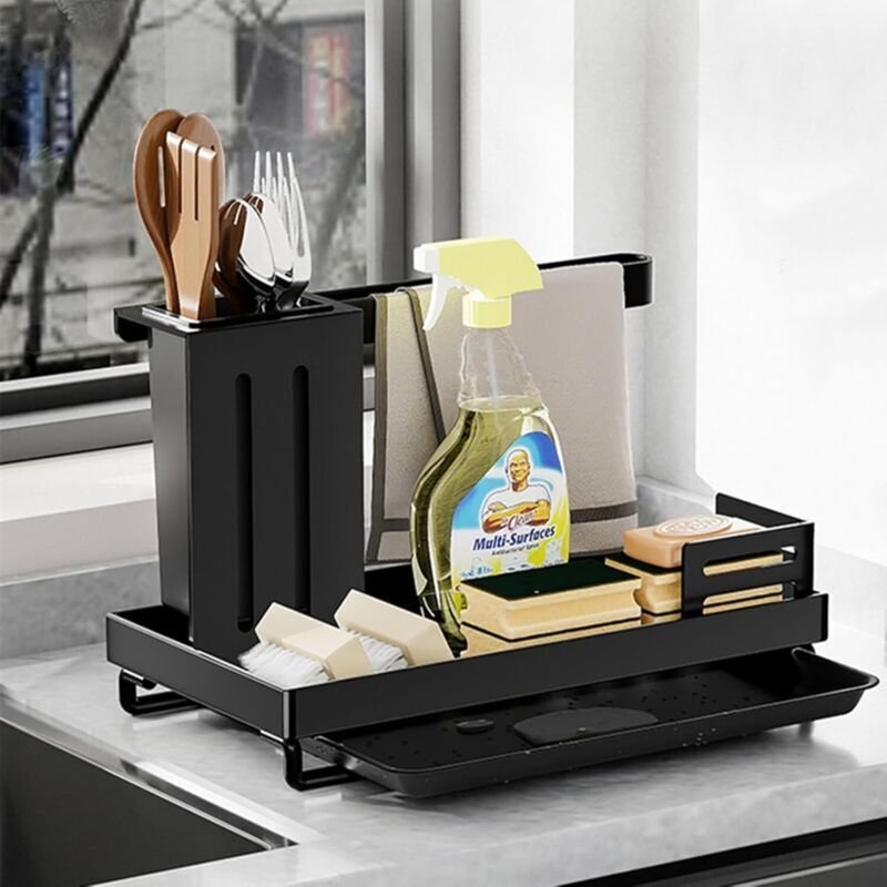 Küchenspülen-Organizer, Schwammhalter, Abtropfgestell aus Edelstahl, Seifenschale, mit Geschirrtuchhalter (schwarz)