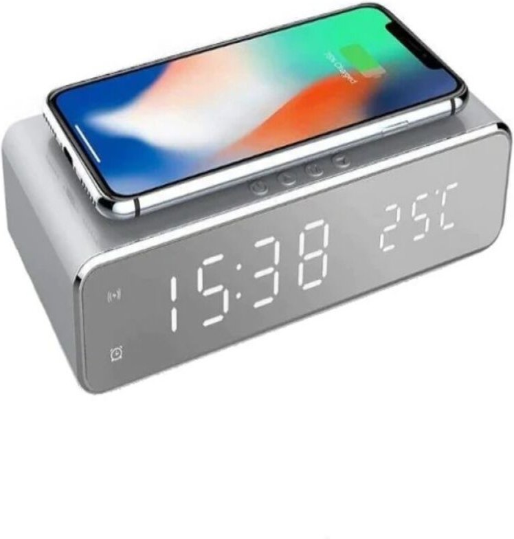 Sveglia da scrivania/comodino con caricatore wireless e display a LED - Argento