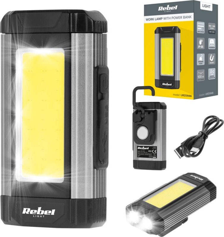 Rebel 15W LED-Werkstattlampe mit Powerbank, 100 m Reichweite, IP65-Schutzart und Magnethaken