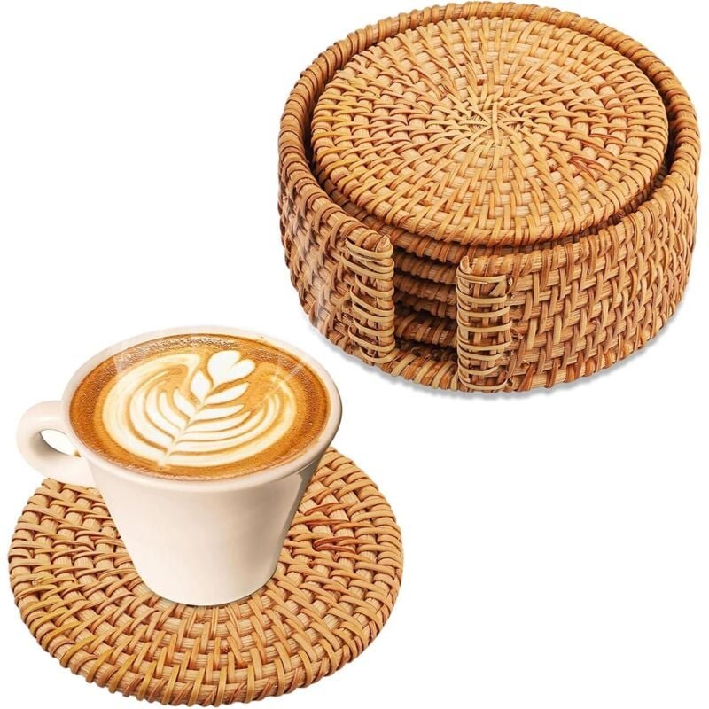 Set mit 6 Rattan-Untersetzern mit Halter – runde Korkuntersetzer für Getränke, Tassen und Bar – dekorativ – Untersetzer ...