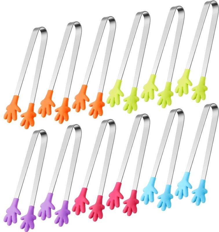 Handgeformte Silikonzange, Mini-Küchenzange für Lebensmittel, Puderzucker, Salatbuffet (12 Stück)
