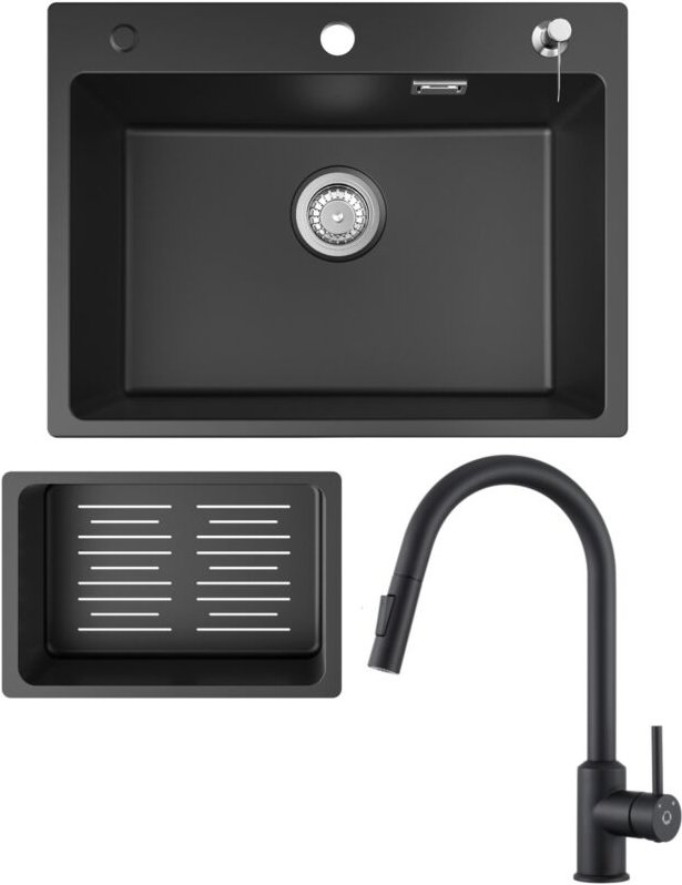 Cecipa Max - Küchenspüle 60x45cm Granitspüle Anthrazitschwarz Mit Seifenspender + Ausziehbarer Küchenarmatur Schwarz Mit...