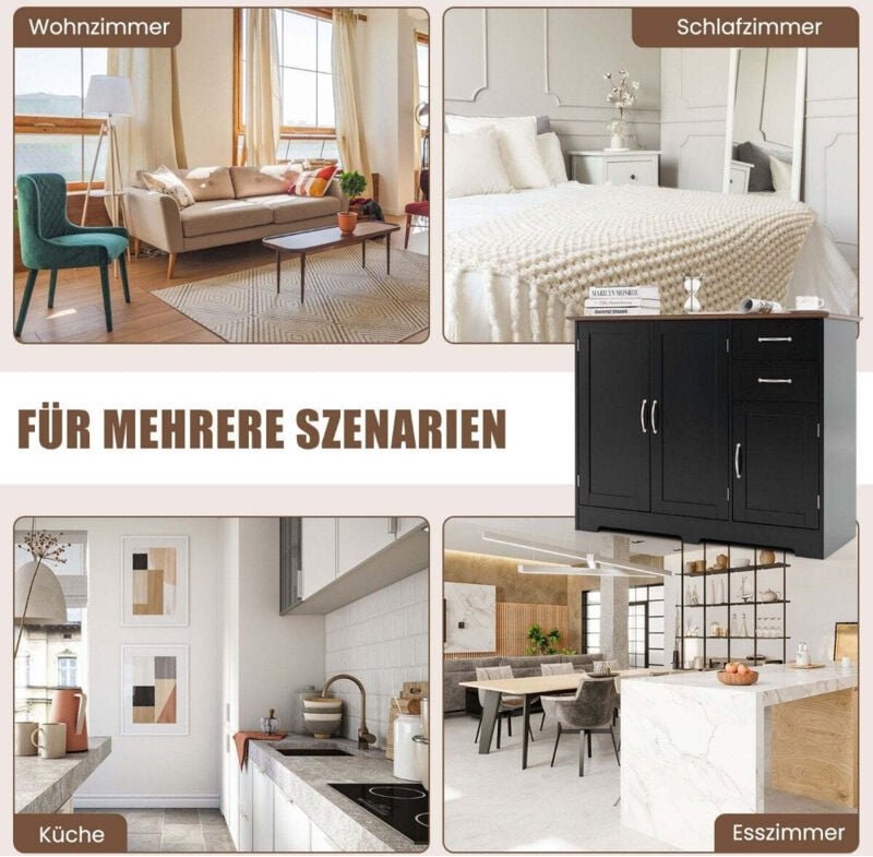 Schwarzes kuchen sideboard mit verstellbaren regalen und schubladen