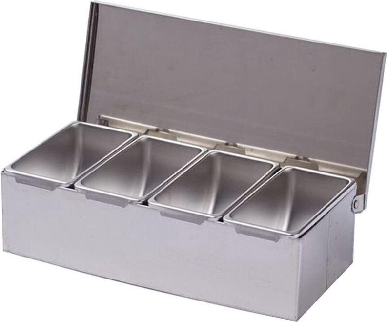 4-teiliges Gewürzset – Edelstahlbox mit Käsesauce, Salz, Zucker, Gewürzgläsern und Küchenutensilien.