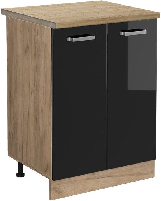 Vicco - Küchenunterschrank R-Line, Schwarz Hochglanz, 60 cm , ap Eiche