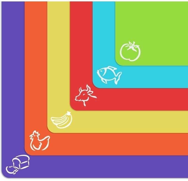 Tapis de découpe en plastique souple et épais avec icônes alimentaires et dos en relief (paquet de 6), lavables au lave-...