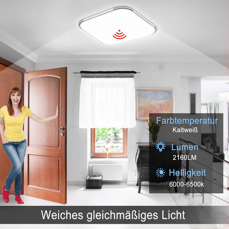 Uisebrt - 24W led Deckenleuchte Kaltweiß Radar Sensor mit Bewegungsmelder - Moderne Deckenlampe Ultraslim led Panel Küch...