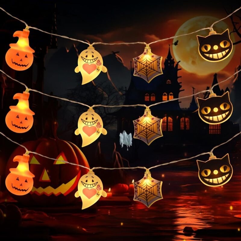 Halloween Deko Halloween Lichterkette 3 Meter 20 led, Halloween Kürbis Geist Spinnennetz Lichterkette Batteriebetrieben,...