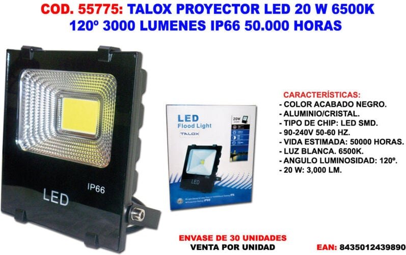 Talox LED-Projektor, 20 W, 6500 K, 120°, 3000 Lumen, IP66, 50.000 Stunden