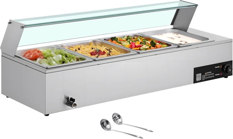 Mophorn Kommerzieller Speisenwärmer mit 4 Behältern in halber Größe, 1,5 kW elektrischer Wärmebehälter aus Edelstahl, in...