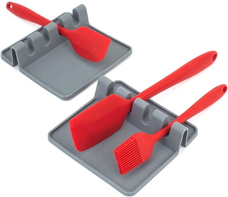 Set mit 2 Küchenutensilienablagen mit Tropfmatte – Silikon-Löffelhalter für Herd und Arbeitsplatte, hitzebeständig, BPA-...