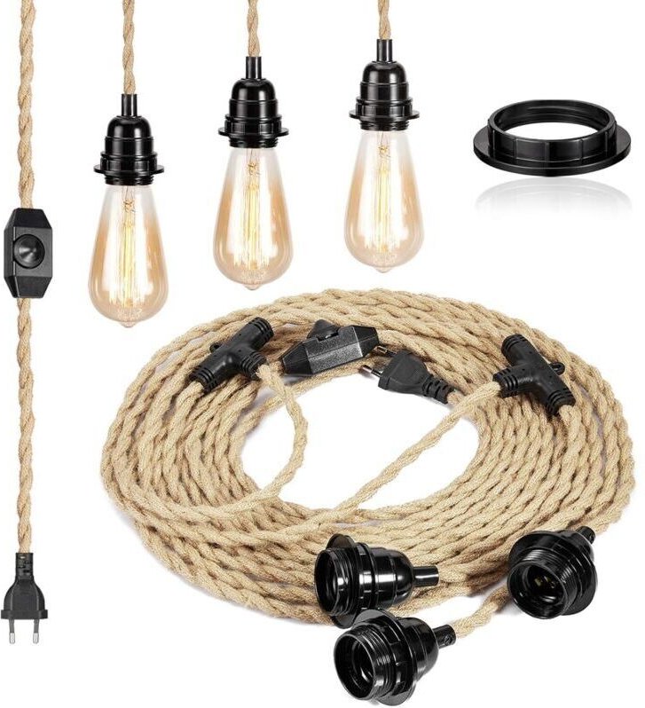 Vintage E27-Fassung mit Schalter und Stecker, 68 m Hanfkabel für DIY-Pendelleuchten, Kronleuchter, Deckenleuchten und Re...