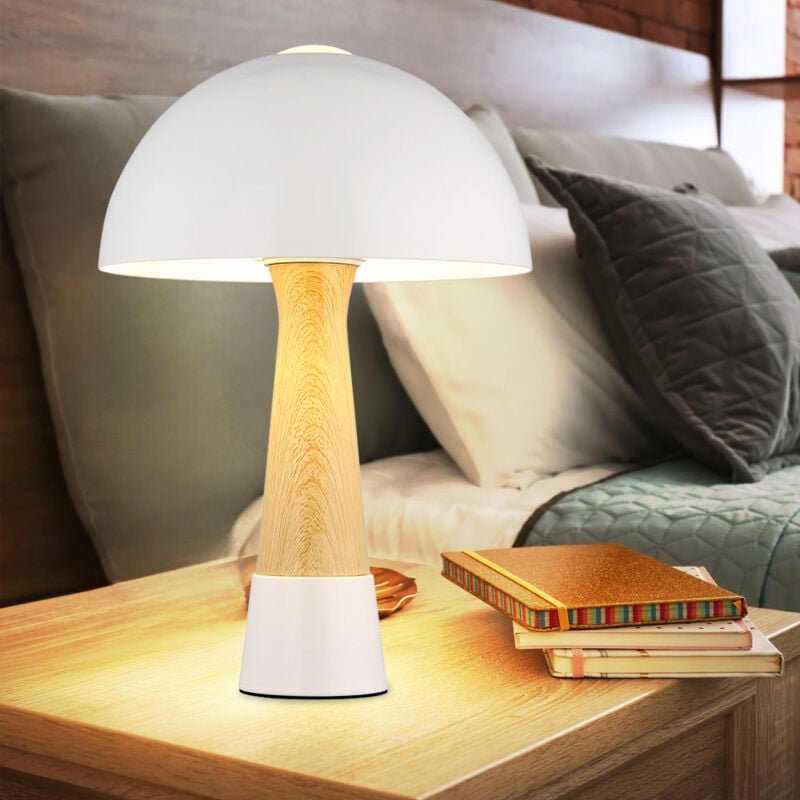 Retro Tischlampe Pilz Holzoptik Wohnzimmerlampe Nachttischlampe Tischleuchte Pilzdesign Schlafzimmerlampe, Metall Sandfa...