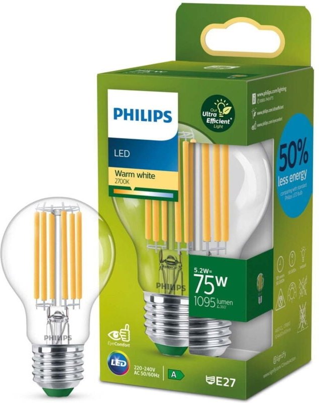 Philips Ultra Efficient LED Filament Lampe ersetzt 75W E27 Birne - A60 5,2W 1095lm 2700K Einerpack