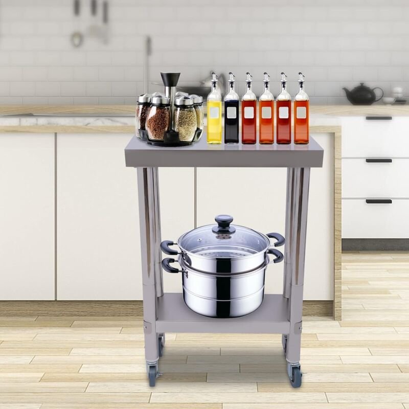 Arbeitstisch Edelstahl Küche Beistelltisch mit Rollen, bis 300 KG, Küchentisch Catering Edelstahlregal, 60 x 45 x 85 cm