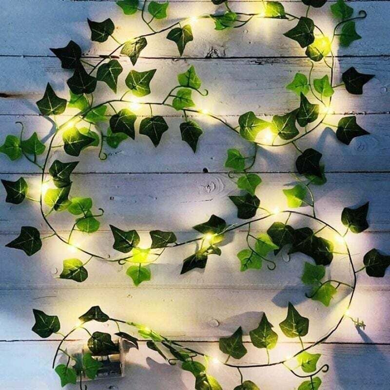 Künstlicher Efeu, 2 m lange Blätter-Lichterkette, künstliche Pflanzen mit 20 LEDs und grünem Blatt, LED-Lichterkette mit...