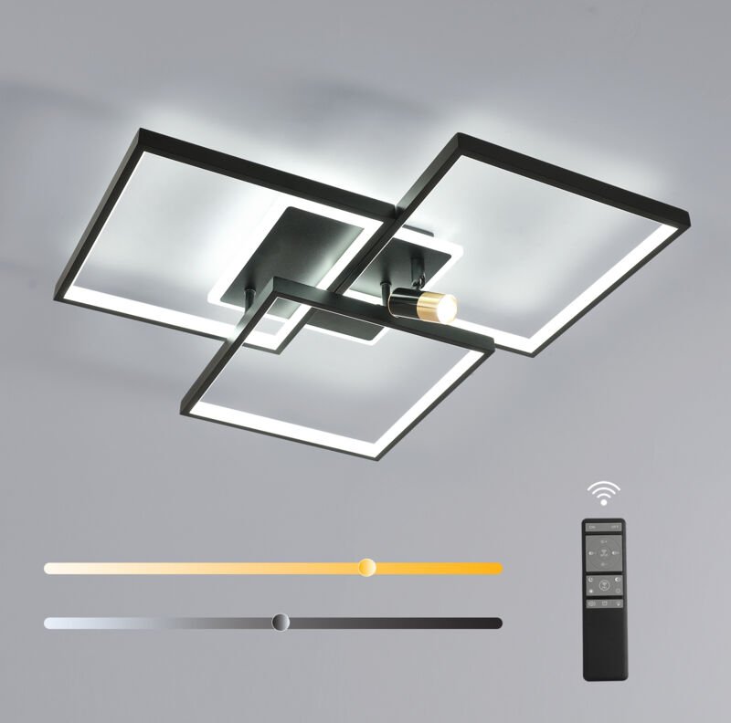 GOECO Moderne LED-Panel-Leuchte, sandgestrahlt schwarz, 56 x 56 cm, 39 W, ferngesteuerte Dimmfunktion 3000–6500 K (einst...