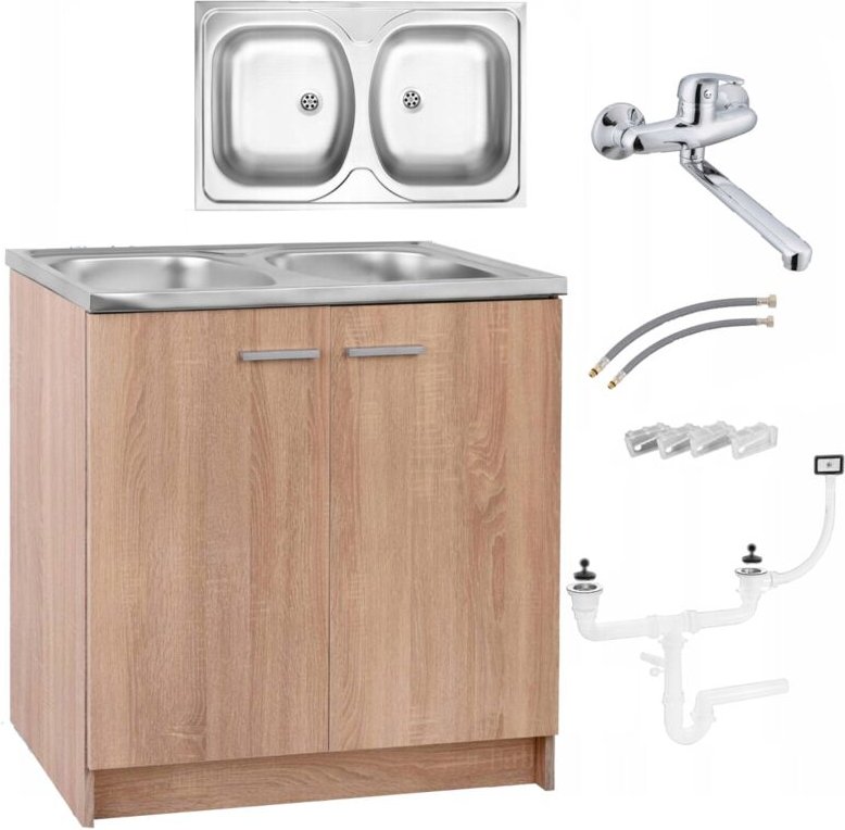 STAMAR Küchenunterschrank - 80 cm - Eiche Sonoma - Doppelspüle - mit Wandarmatur und Syphon