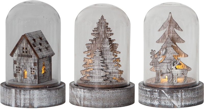 LED Deko -Kupol mit Glaskuppel, Holz, batteriebetrieben, 3er Set