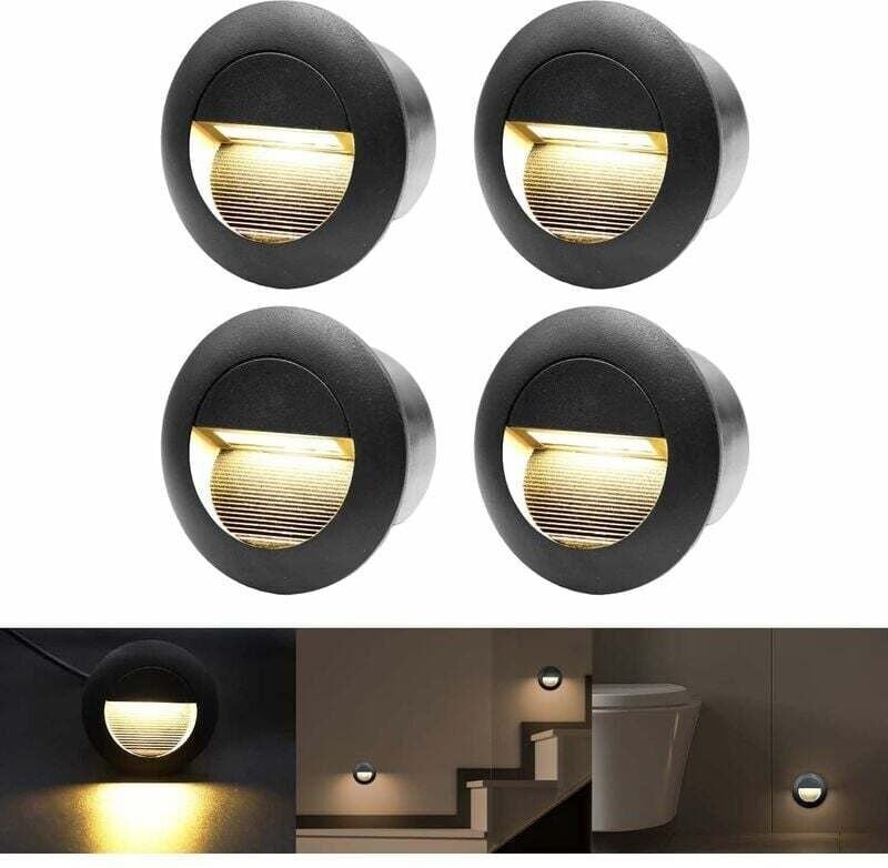 Applique murale encastrée 3 W, blanc chaud, marches d'escalier en aluminium étanche, 230 V, noir (Ensemble de 4)