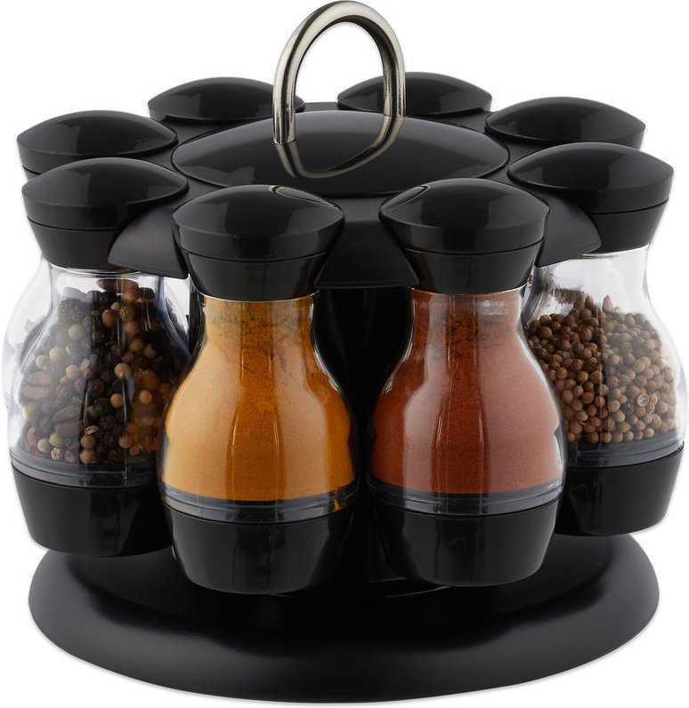 Relaxdays - Gewürzkarussell, mit 8 Gewürzstreuern, 360° drehbar, tragbar, Kunststoff, HxD 17 x 19 cm, schwarz/transparen...