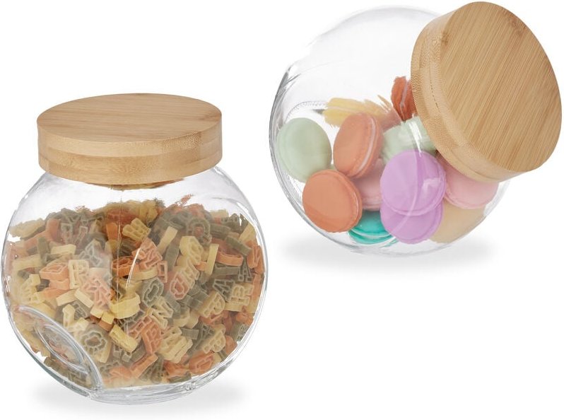 Relaxdays - Bonbonglas mit Bambusdeckel, 2er Set, Vorratsgläser Süßigkeiten, Candy Bar Zubehör, 1,5 l, transparent/natur