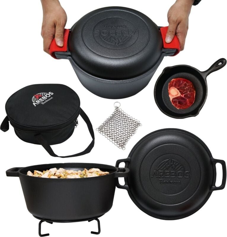 Arebos - Dutch Oven bbq 2in1 Gusseisen Topf Schmortopf Feuertopf Kochtopf Grill