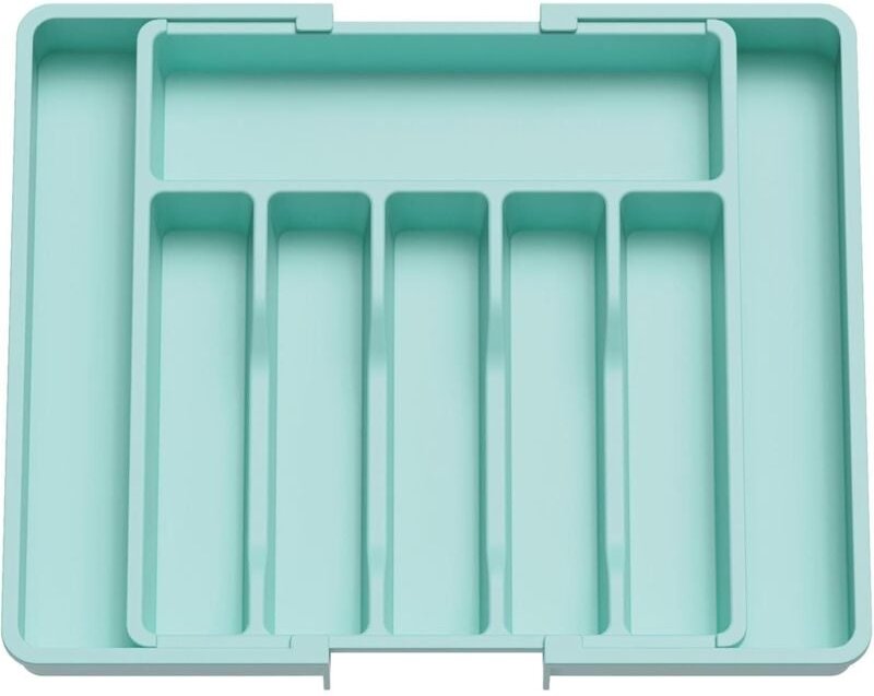 Grasgrüner Besteckkasten, 57 x 38 x 5 cm, 1 Schublade, erweiterbare Aufbewahrungsbox aus Kunststoff im Schubladenstil zu...