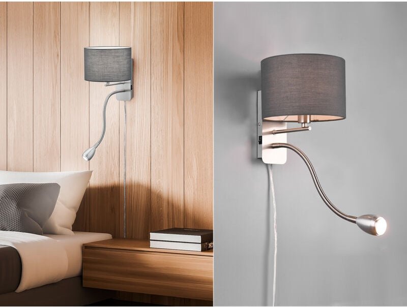 Trio - Wandleuchte hotel mit led Leselampe & Stecker, Stoffschirm Grau, Höhe 23,5cm