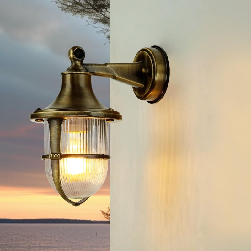 Außenlampe Wand Messing Glas IP64 E27 Maritim Wandleuchte