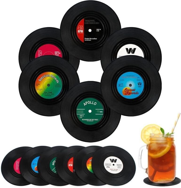 CSPARCV Vinyl-Untersetzer, 12 Stück, Retro-CD-Untersetzer, rutschfeste, isolierende Vinyl-Tischsets zum Schutz von heiße...