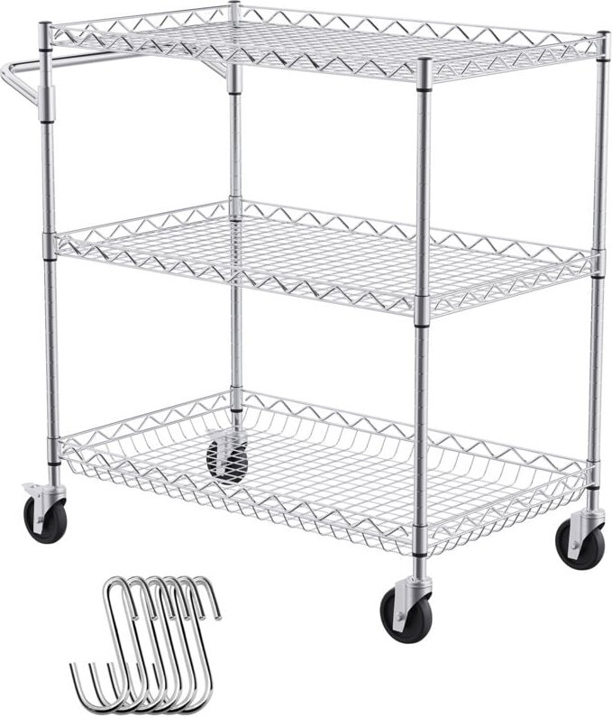 Küchenwagen, 3 Ebenen, Rollwagen aus Draht mit 290 kg Tragkraft, Servierwagen aus Stahl auf Rädern, Aufbewahrungswagen a...