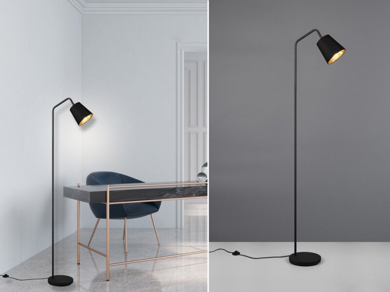 Meinewunschleuchte - Stehleuchte Spot schwenkbar, Metall & Stoffschirm Schwarz/Gold, Höhe 148cm