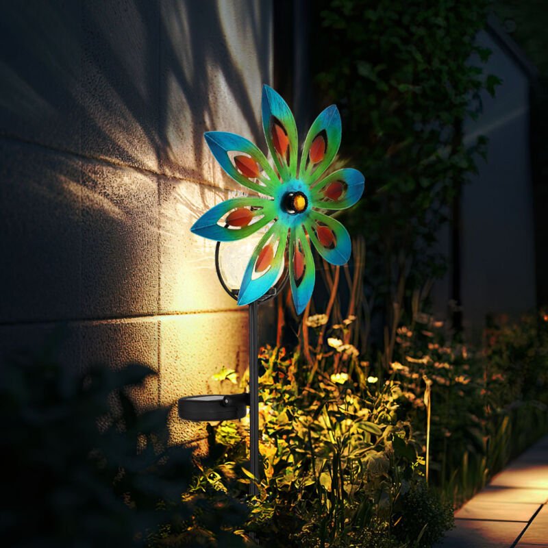 Thumbnail - Gartendeko Windrad led Solarlampe Terrassenlampe bunt Außenlampe Erdspieß, Metall kupferfarben, Bruchglas, warmweiß, LxH...